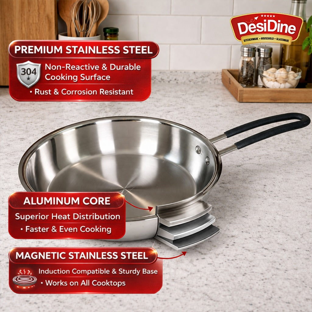 DesiDine Triply Stainless Steel Insulated Cool Grip Frypan