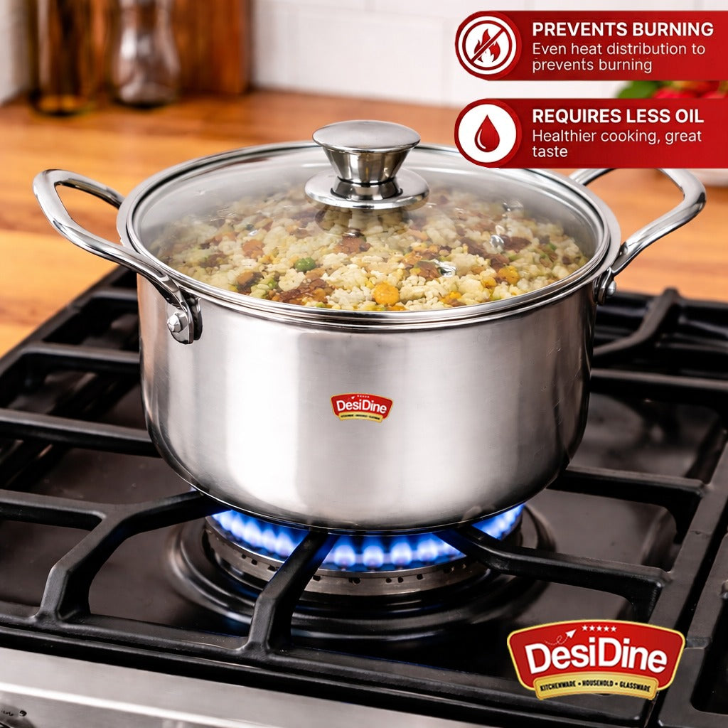 DesiDine Stainless Steel Triply Sauce Pot/ Biryani Pot With Glass lid