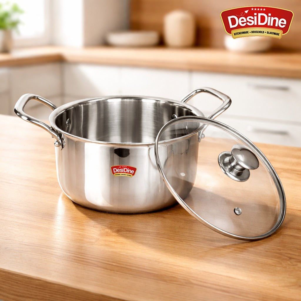 DesiDine Stainless Steel Triply Sauce Pot/ Biryani Pot With Glass lid