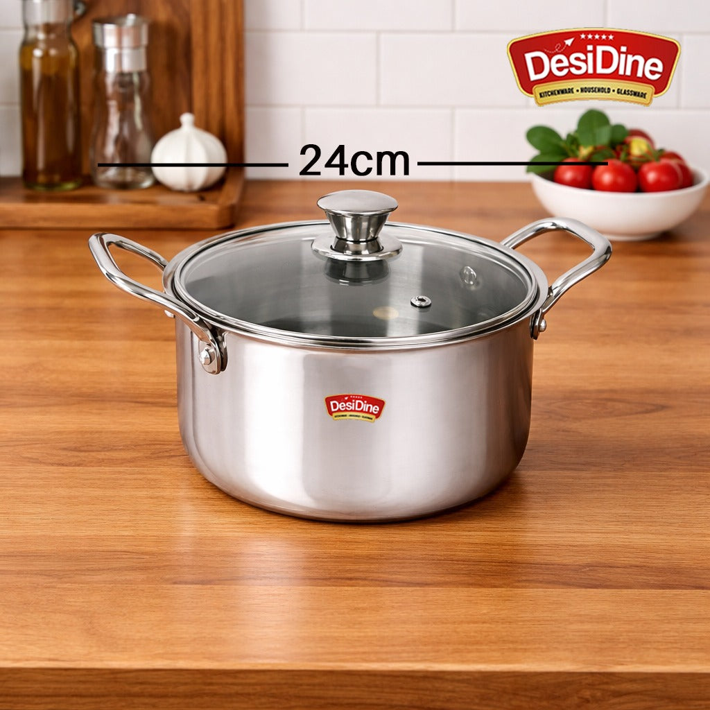 DesiDine Stainless Steel Triply Sauce Pot/ Biryani Pot With Glass lid