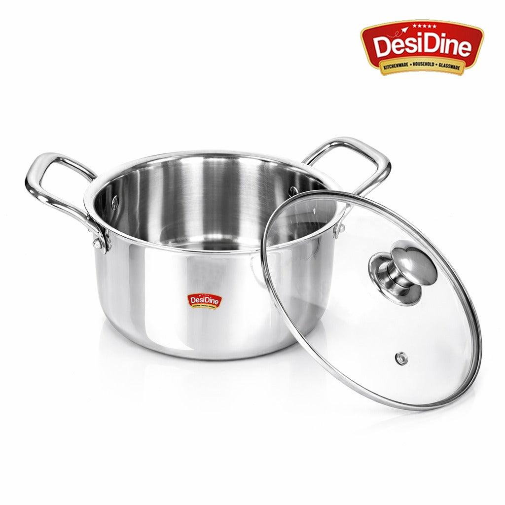 DesiDine Stainless Steel Triply Sauce Pot/ Biryani Pot With Glass lid