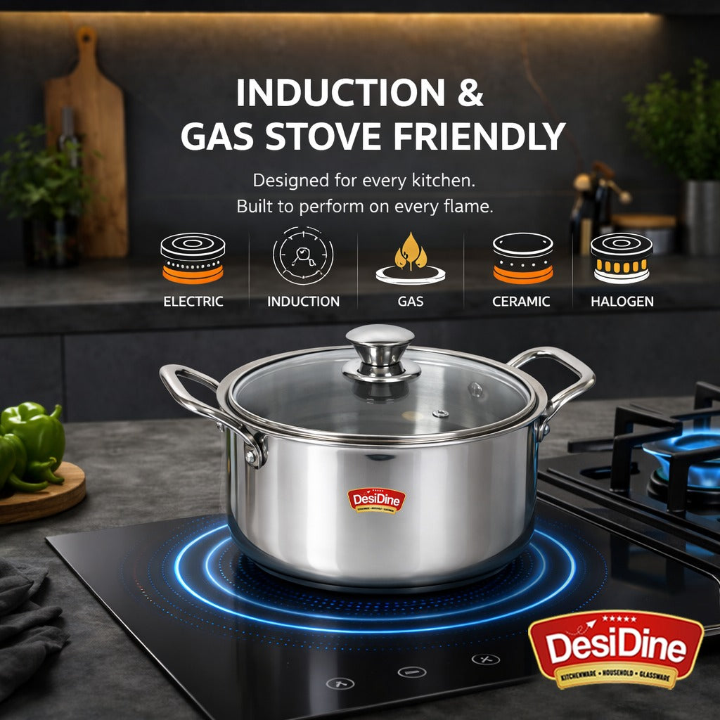 DesiDine Stainless Steel Triply Sauce Pot/ Biryani Pot With Glass lid