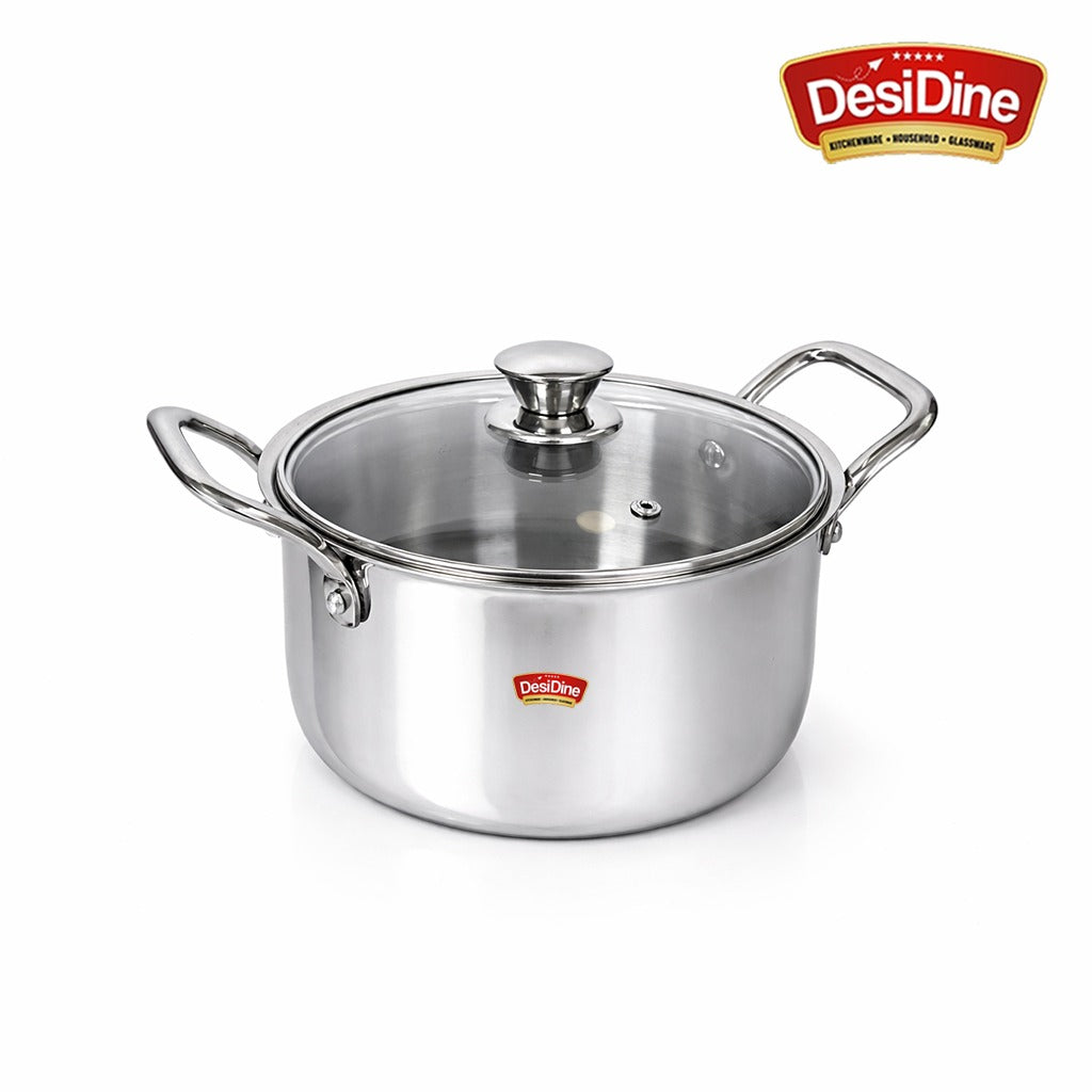 DesiDine Stainless Steel Triply Sauce Pot/ Biryani Pot With Glass lid