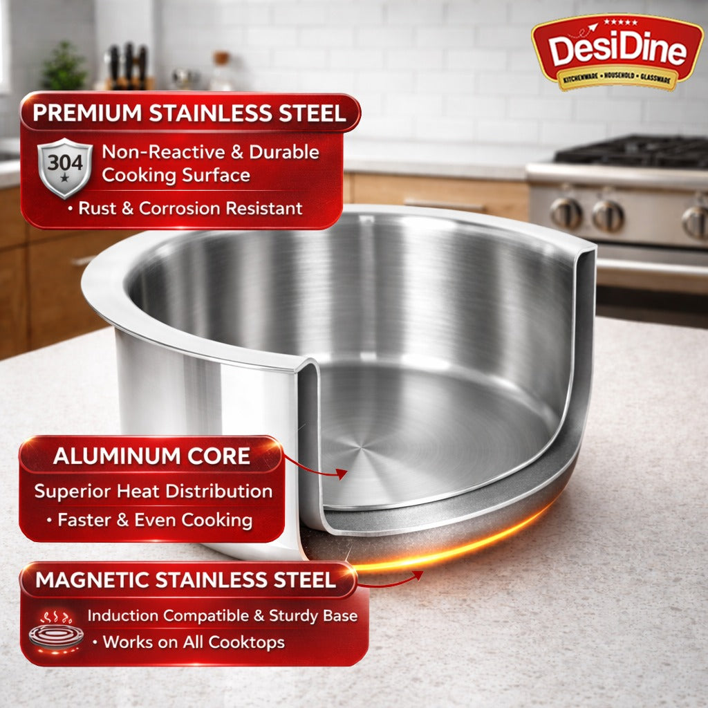 Desidine triply Stainless Steel Induction Friendly Flat Bottom Tope Without Lid