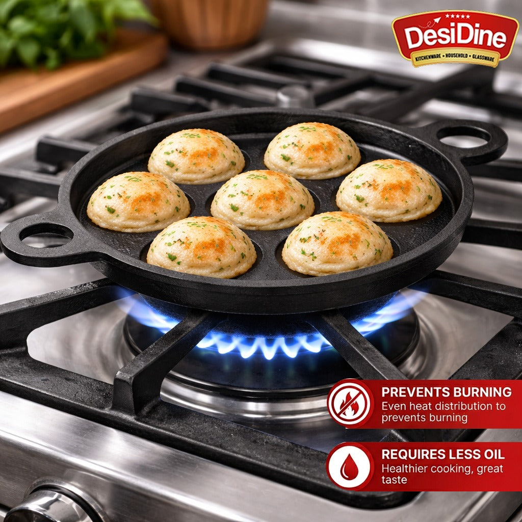 DesiDine Pre-Seasoned Cast Iron Paniyaram/Appam Pan (7-Pit)