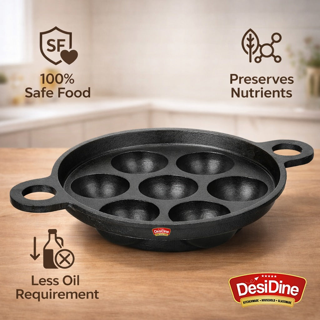 DesiDine Pre-Seasoned Cast Iron Paniyaram/Appam Pan (7-Pit)