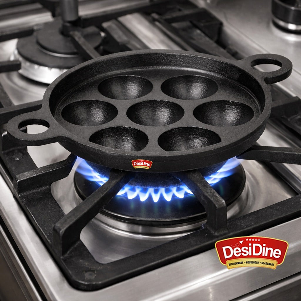 DesiDine Pre-Seasoned Cast Iron Paniyaram/Appam Pan (7-Pit)