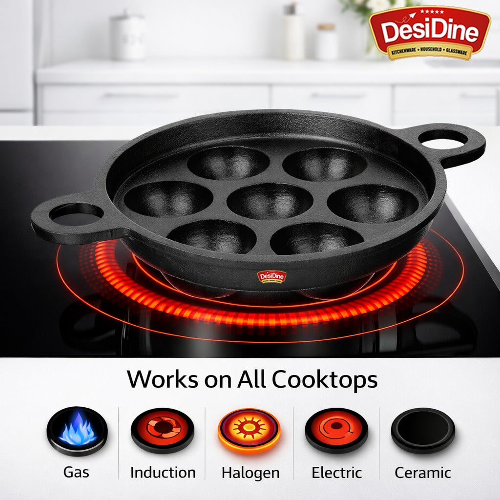 DesiDine Pre-Seasoned Cast Iron Paniyaram/Appam Pan (7-Pit)