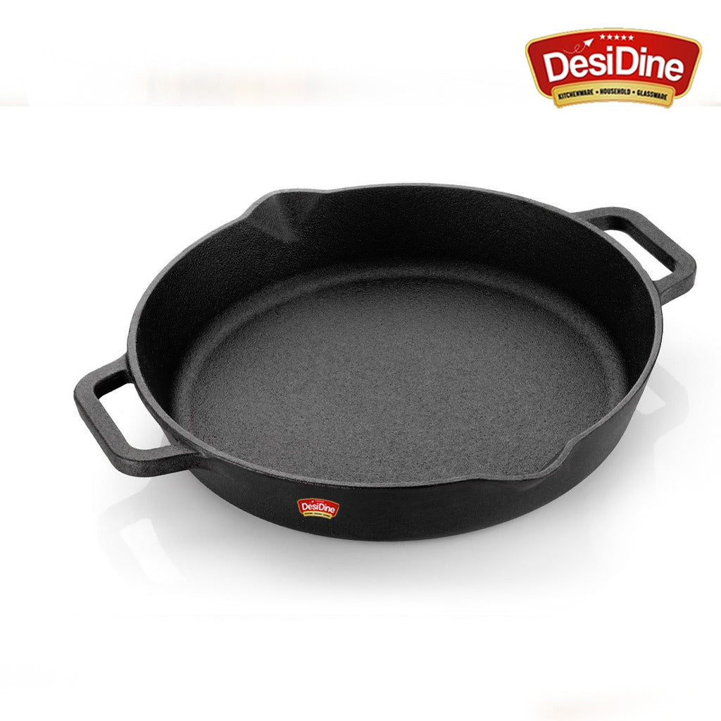 DesiDine Pre Seasoned Cast Iron Double handle Skillet Pan with Silicon handle cover, 26 cm, 2 litre