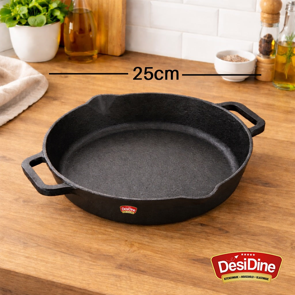 DesiDine Pre Seasoned Cast Iron Double handle Skillet Pan with Silicon handle cover, 26 cm, 2 litre