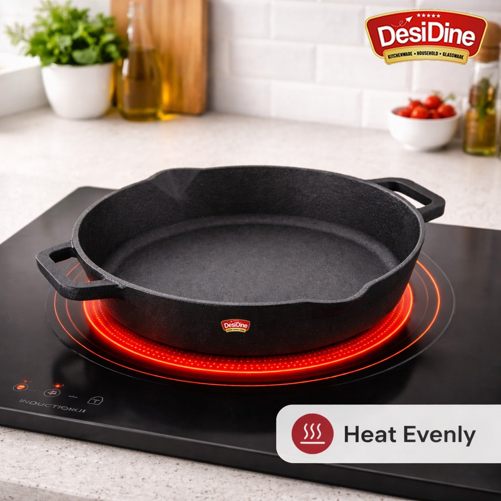 DesiDine Pre Seasoned Cast Iron Double handle Skillet Pan with Silicon handle cover, 26 cm, 2 litre