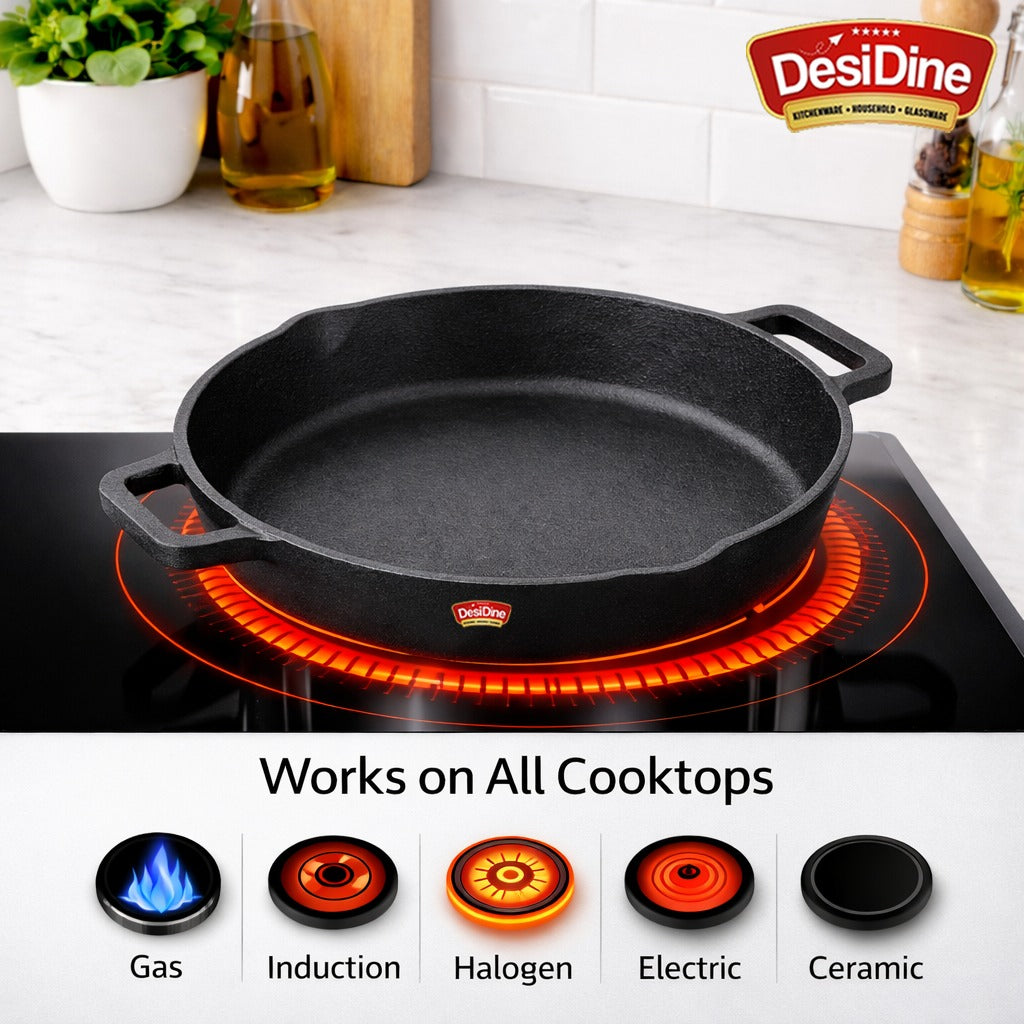 DesiDine Pre Seasoned Cast Iron Double handle Skillet Pan with Silicon handle cover, 26 cm, 2 litre
