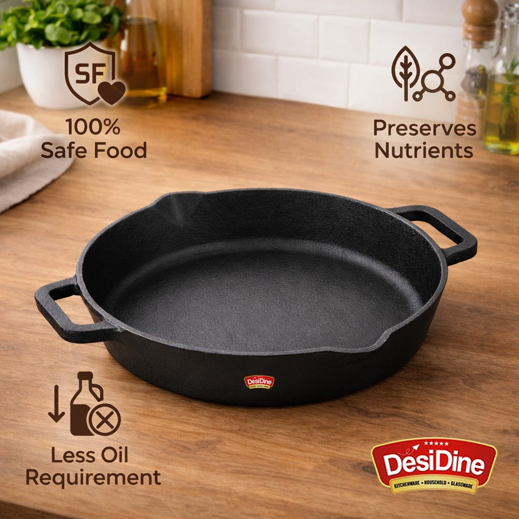 DesiDine Pre Seasoned Cast Iron Double handle Skillet Pan with Silicon handle cover, 26 cm, 2 litre