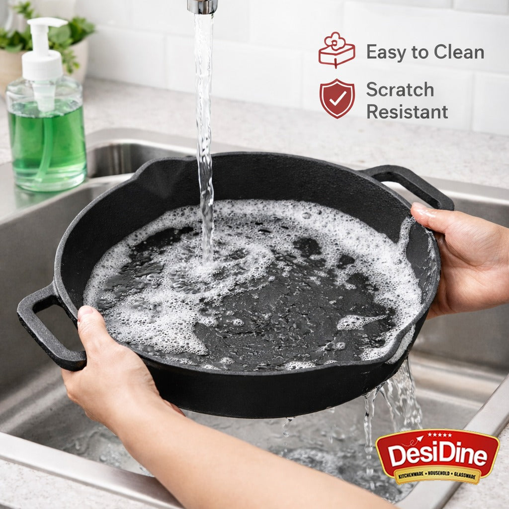 DesiDine Pre Seasoned Cast Iron Double handle Skillet Pan with Silicon handle cover, 26 cm, 2 litre