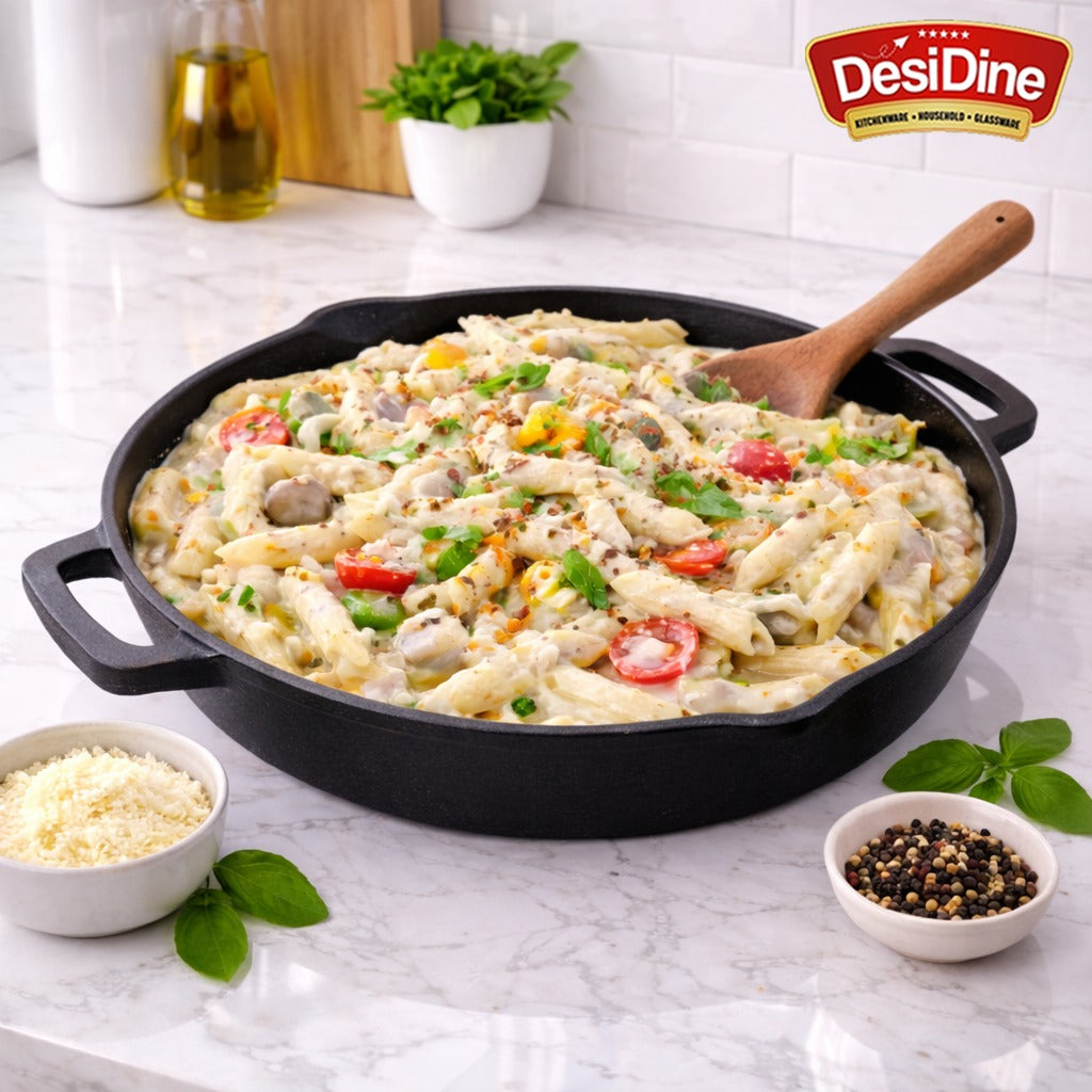 DesiDine Pre Seasoned Cast Iron Double handle Skillet Pan with Silicon handle cover, 26 cm, 2 litre