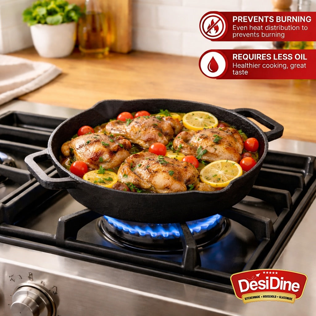 DesiDine Pre Seasoned Cast Iron Double handle Skillet Pan with Silicon handle cover, 26 cm, 2 litre