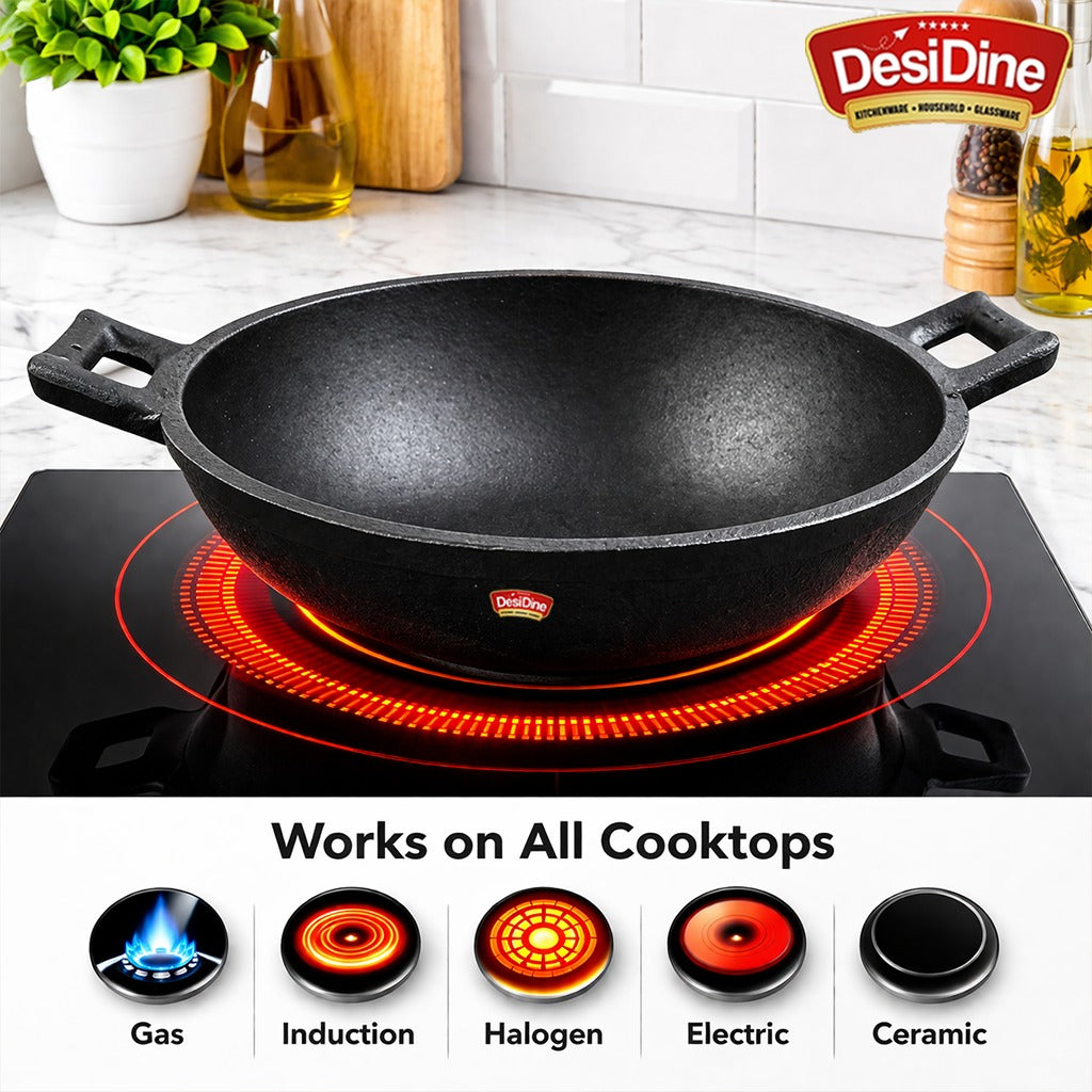 DesiDine Cast Iron Pre-Seasoned Kadhai Wok