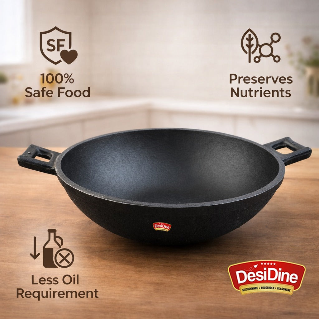 DesiDine Cast Iron Pre-Seasoned Kadhai Wok