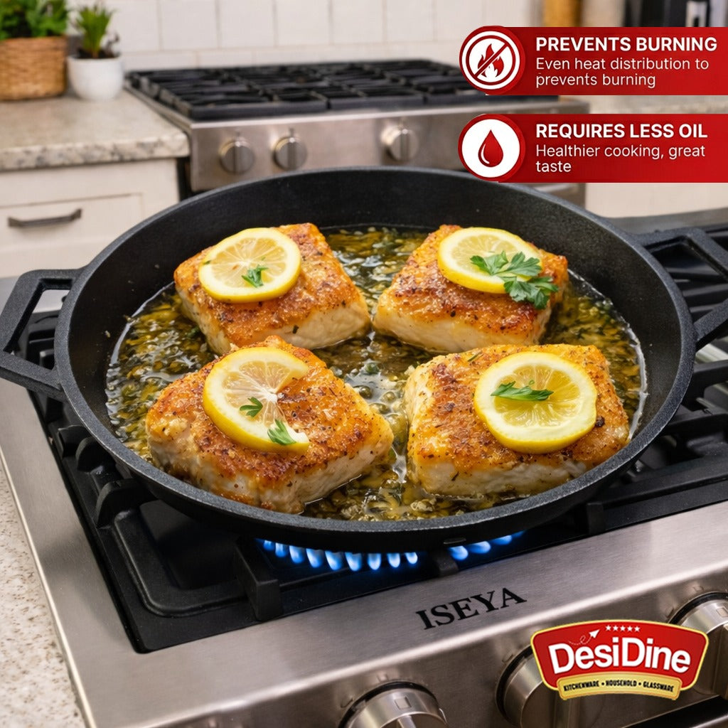 DesiDine Cast Iron Fish Fry Pan, 23 cm, Induction Friendly