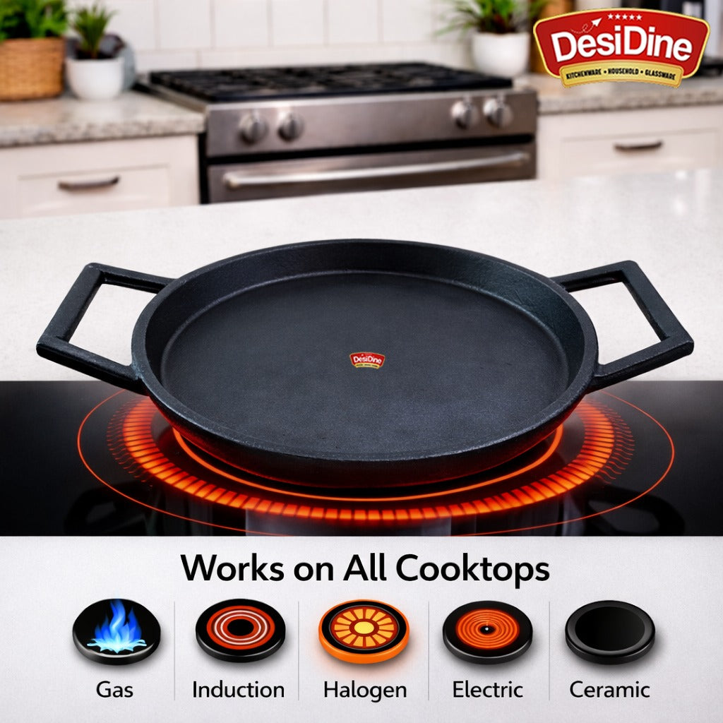 DesiDine Cast Iron Fish Fry Pan, 23 cm, Induction Friendly