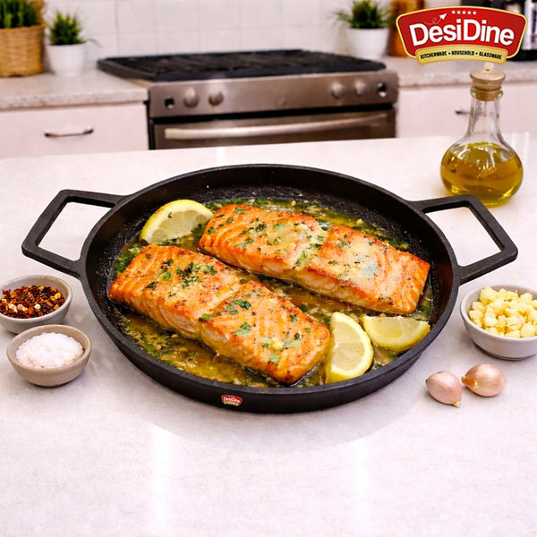 DesiDine Cast Iron Fish Fry Pan, 23 cm, Induction Friendly