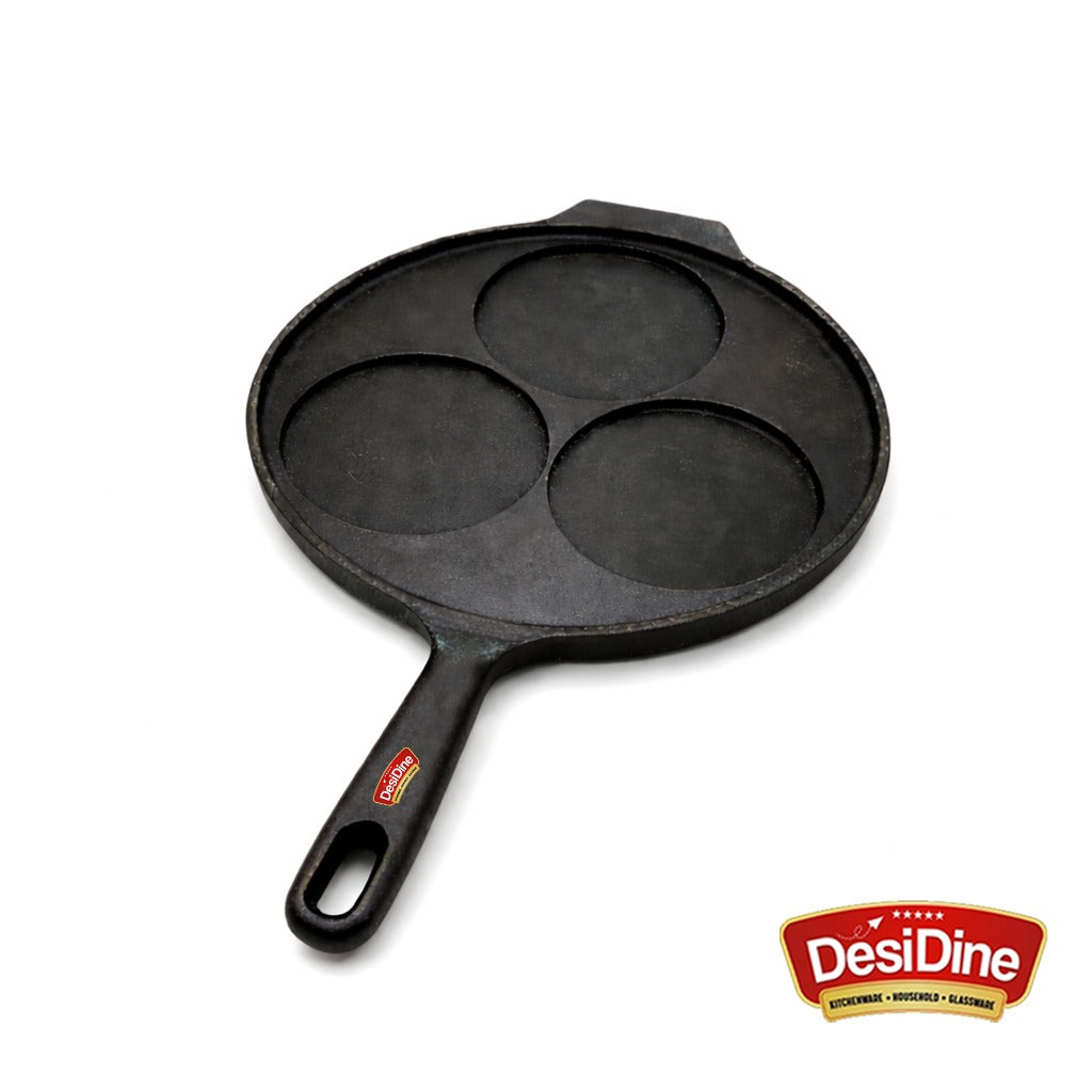DesiDine Pre-Seasoned Cast Iron Uttapam Pan, 3 Pit, 22 cm, Induction Friendly