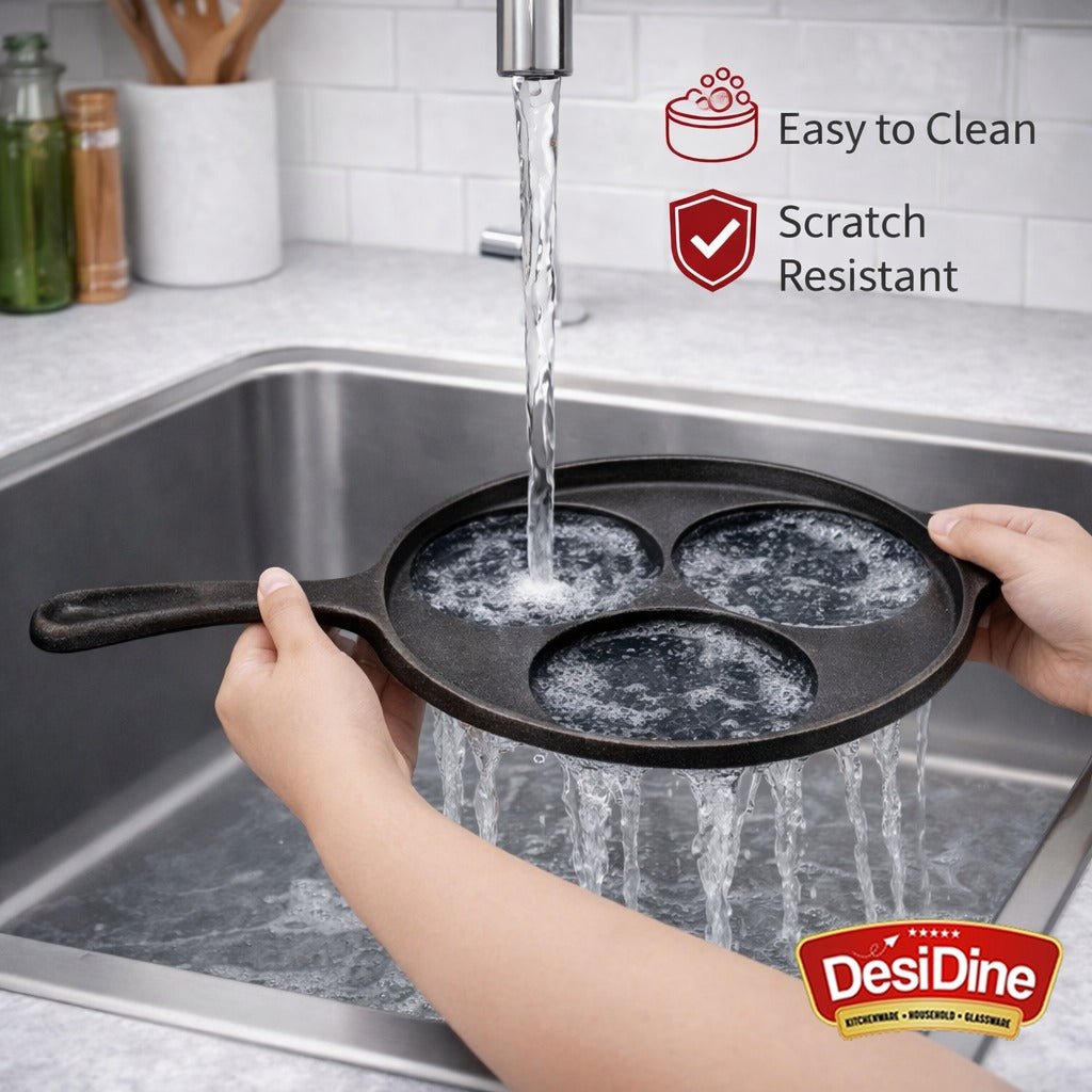 DesiDine Pre-Seasoned Cast Iron Uttapam Pan, 3 Pit, 22 cm, Induction Friendly