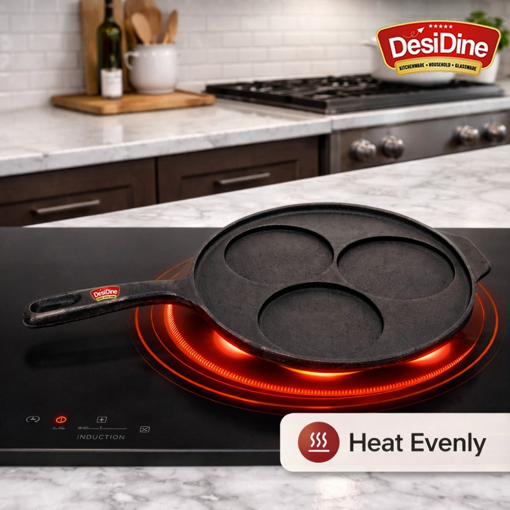 DesiDine Pre-Seasoned Cast Iron Uttapam Pan, 3 Pit, 22 cm, Induction Friendly