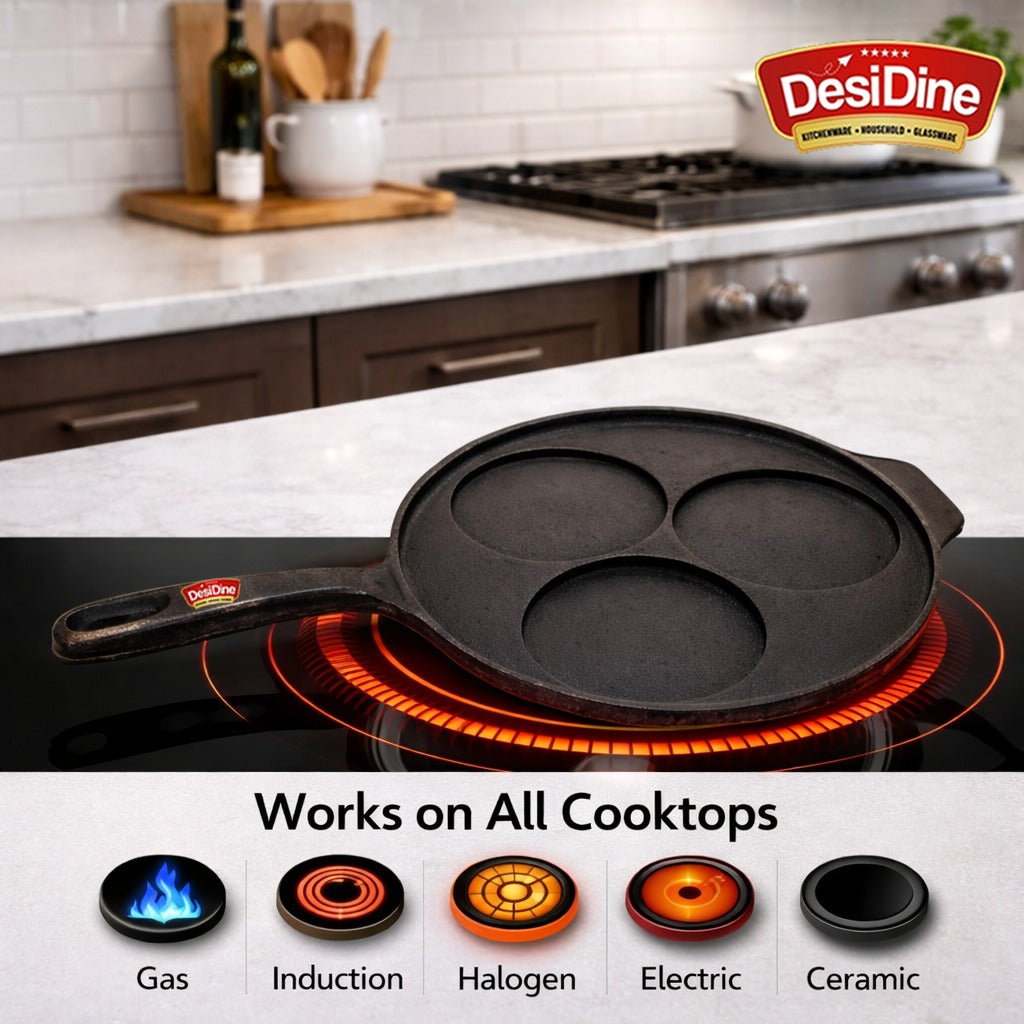 DesiDine Pre-Seasoned Cast Iron Uttapam Pan, 3 Pit, 22 cm, Induction Friendly
