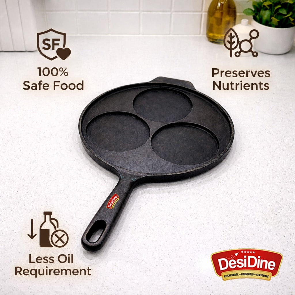 DesiDine Pre-Seasoned Cast Iron Uttapam Pan, 3 Pit, 22 cm, Induction Friendly