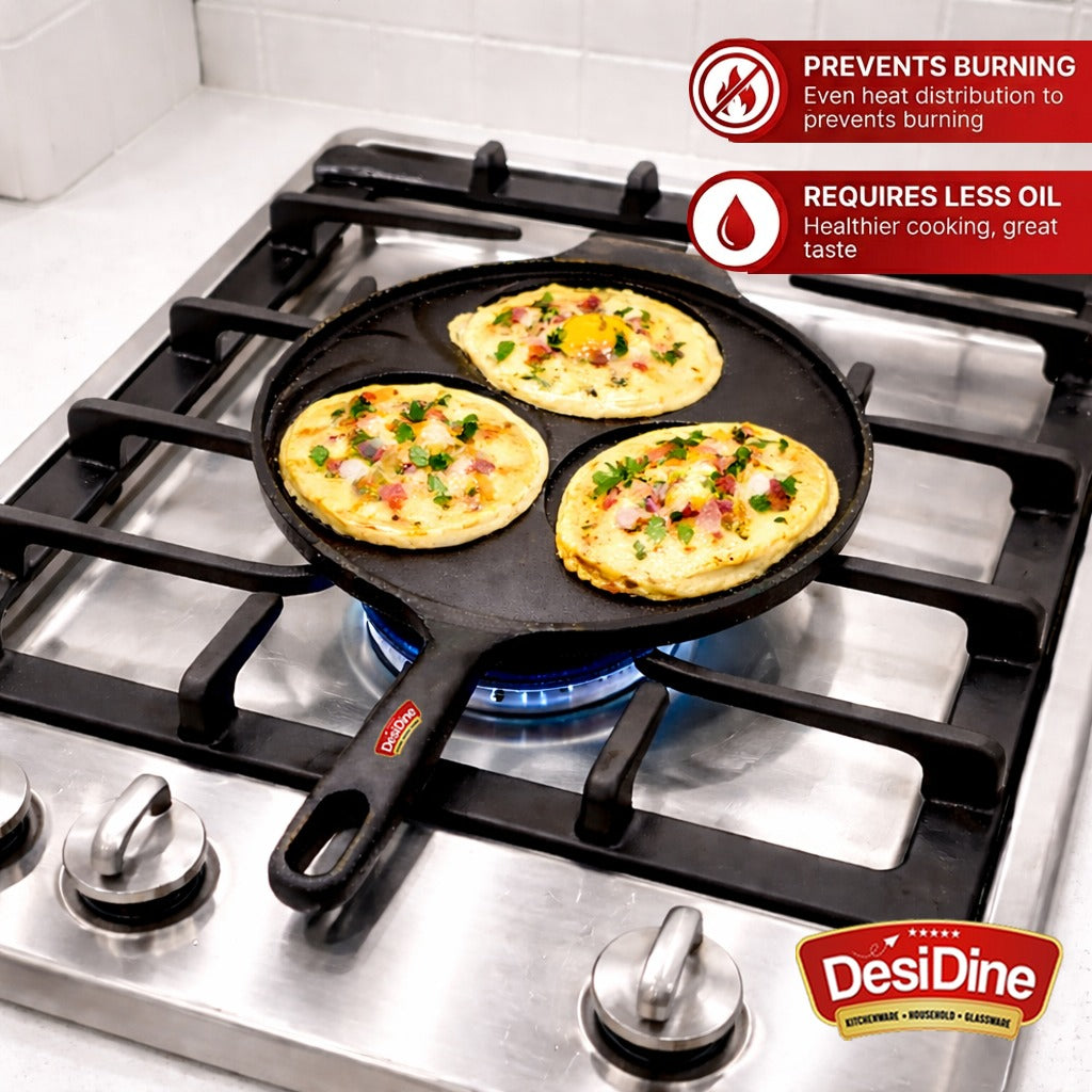 DesiDine Pre-Seasoned Cast Iron Uttapam Pan, 3 Pit, 22 cm, Induction Friendly