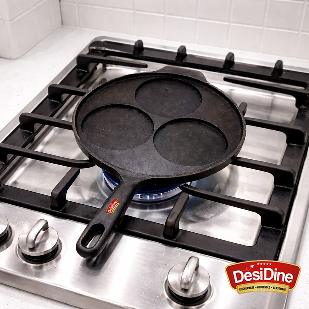 DesiDine Pre-Seasoned Cast Iron Uttapam Pan, 3 Pit, 22 cm, Induction Friendly