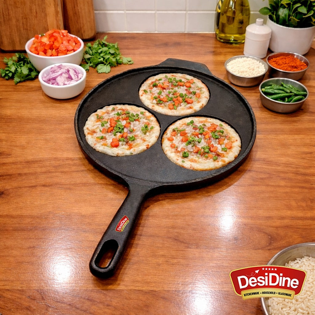 DesiDine Pre-Seasoned Cast Iron Uttapam Pan, 3 Pit, 22 cm, Induction Friendly