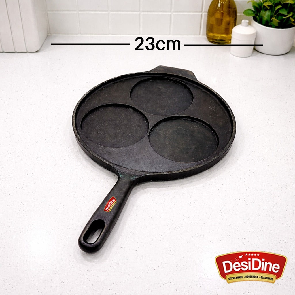 DesiDine Pre-Seasoned Cast Iron Uttapam Pan, 3 Pit, 22 cm, Induction Friendly