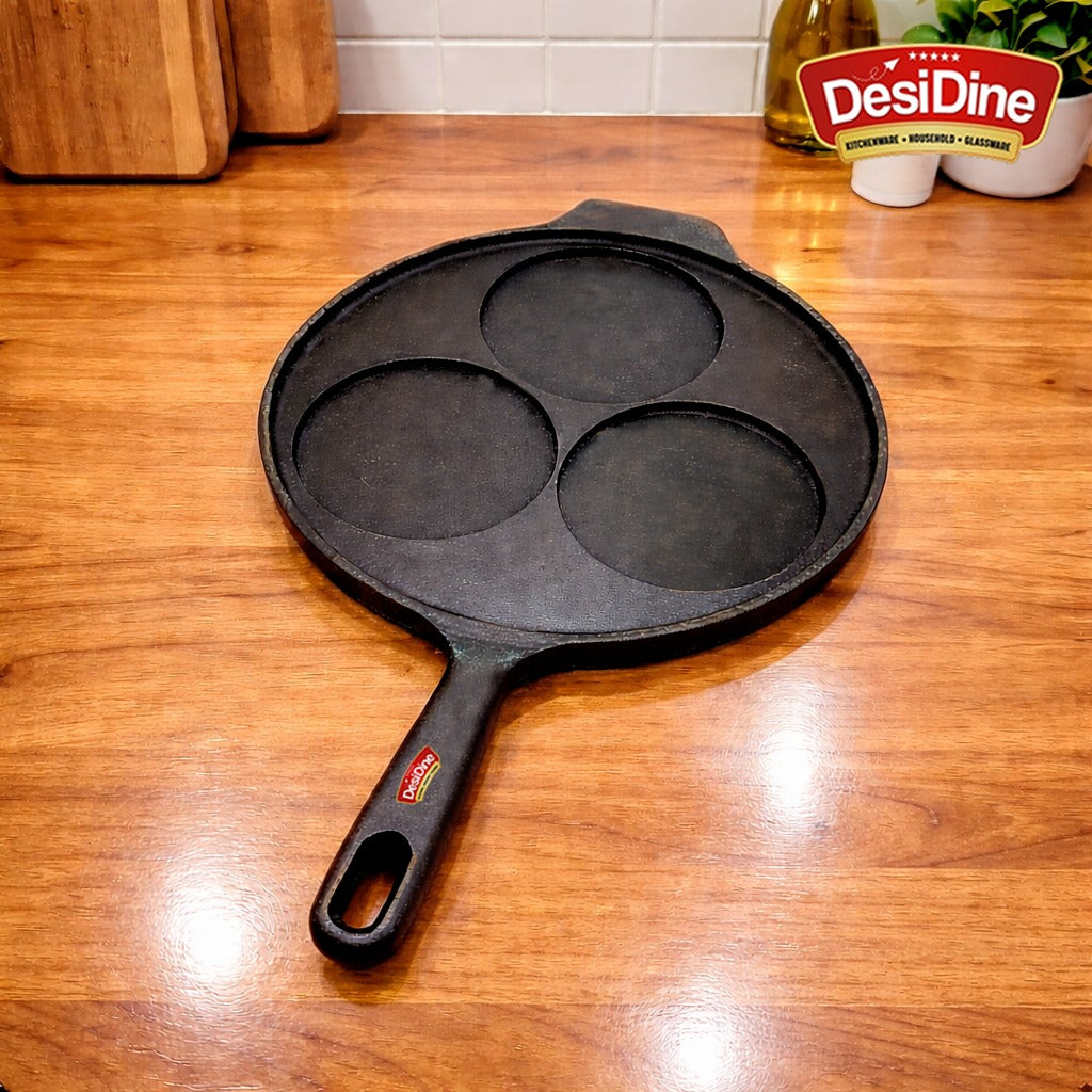 DesiDine Pre-Seasoned Cast Iron Uttapam Pan, 3 Pit, 22 cm, Induction Friendly