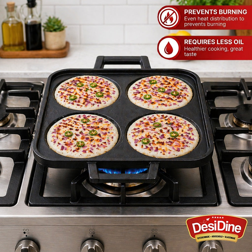 DesiDine Pre-Seasoned Cast Iron Uttapam Pan, 4 Pit, 23 cm, Induction Friendly