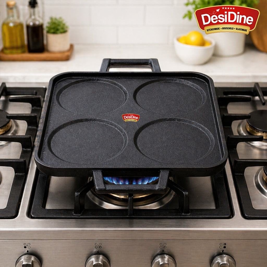 DesiDine Pre-Seasoned Cast Iron Uttapam Pan, 4 Pit, 23 cm, Induction Friendly