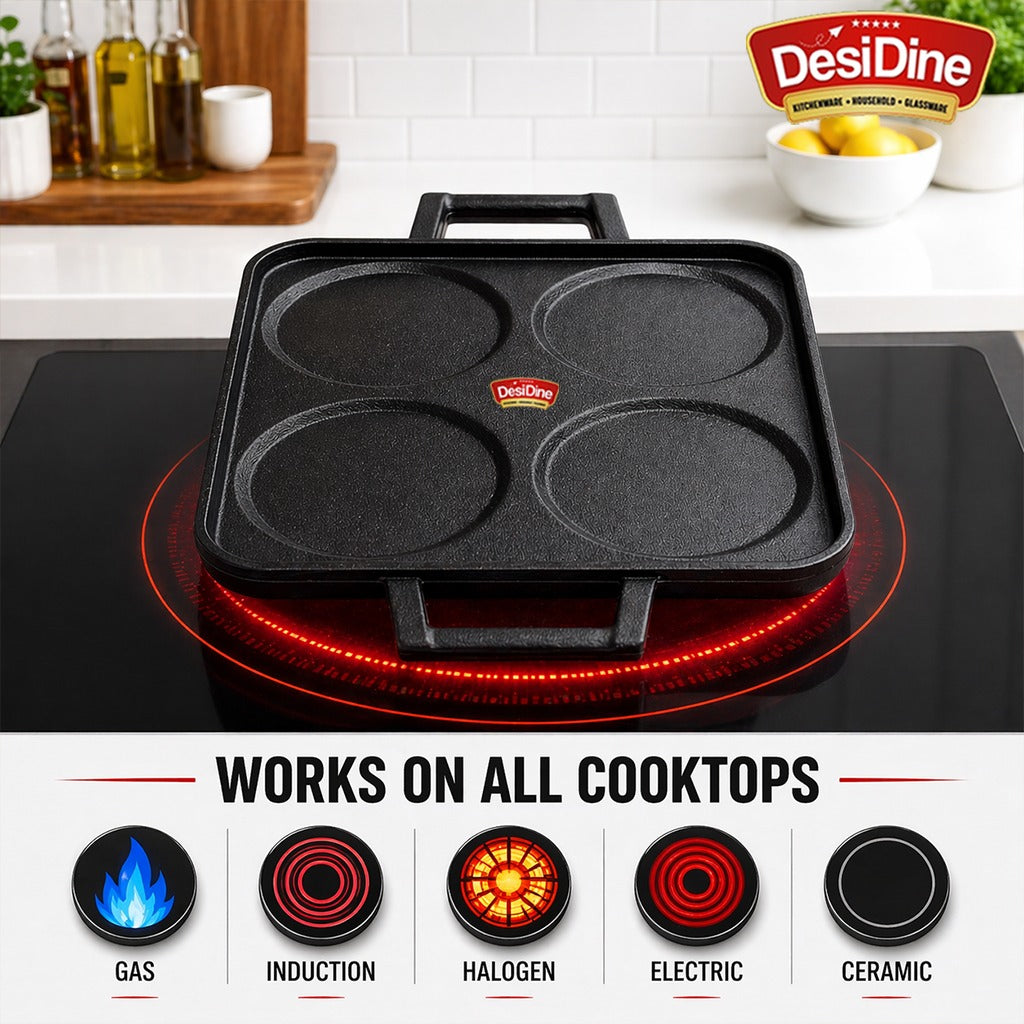 DesiDine Pre-Seasoned Cast Iron Uttapam Pan, 4 Pit, 23 cm, Induction Friendly