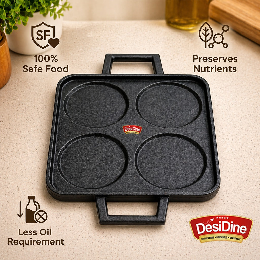 DesiDine Pre-Seasoned Cast Iron Uttapam Pan, 4 Pit, 23 cm, Induction Friendly