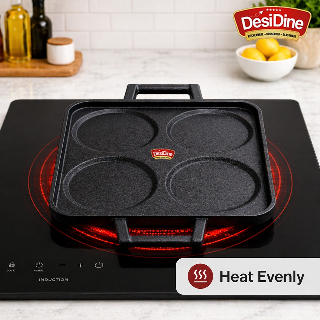 DesiDine Pre-Seasoned Cast Iron Uttapam Pan, 4 Pit, 23 cm, Induction Friendly