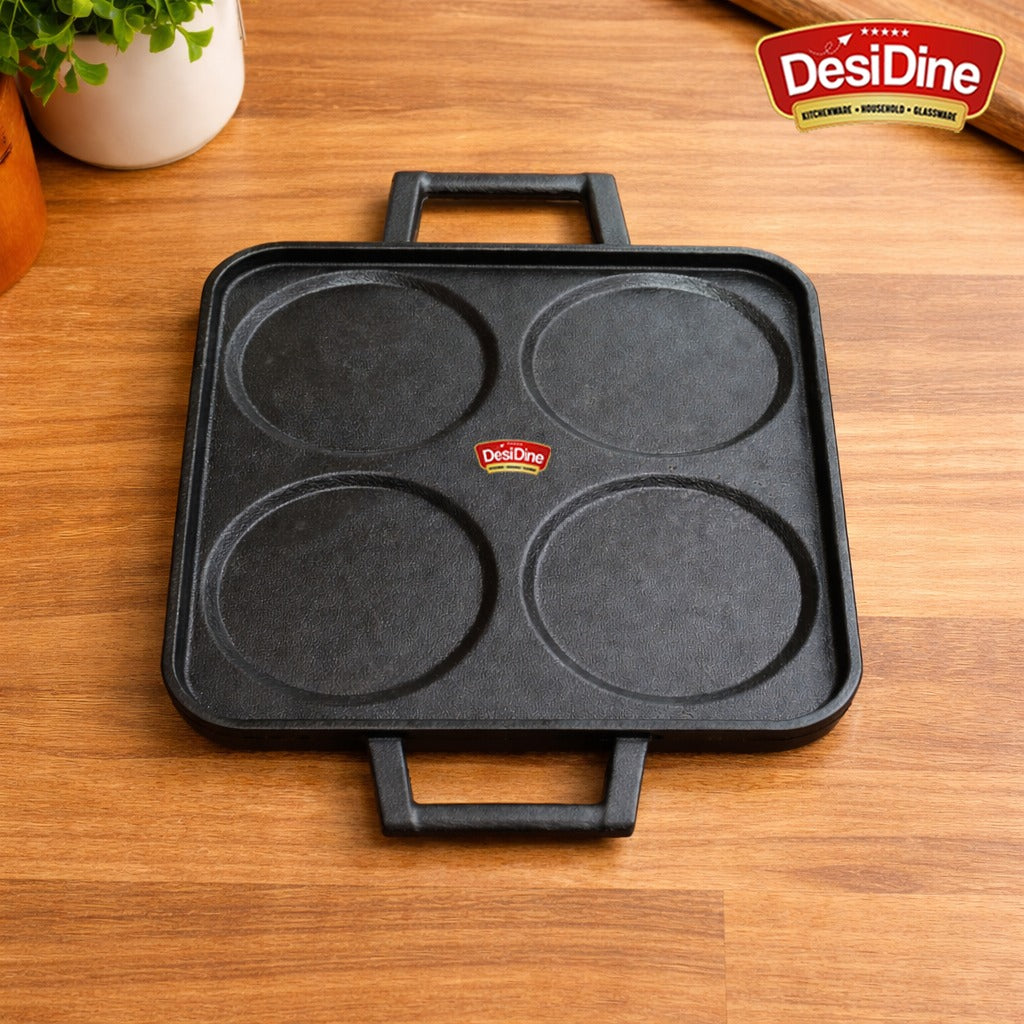 DesiDine Pre-Seasoned Cast Iron Uttapam Pan, 4 Pit, 23 cm, Induction Friendly