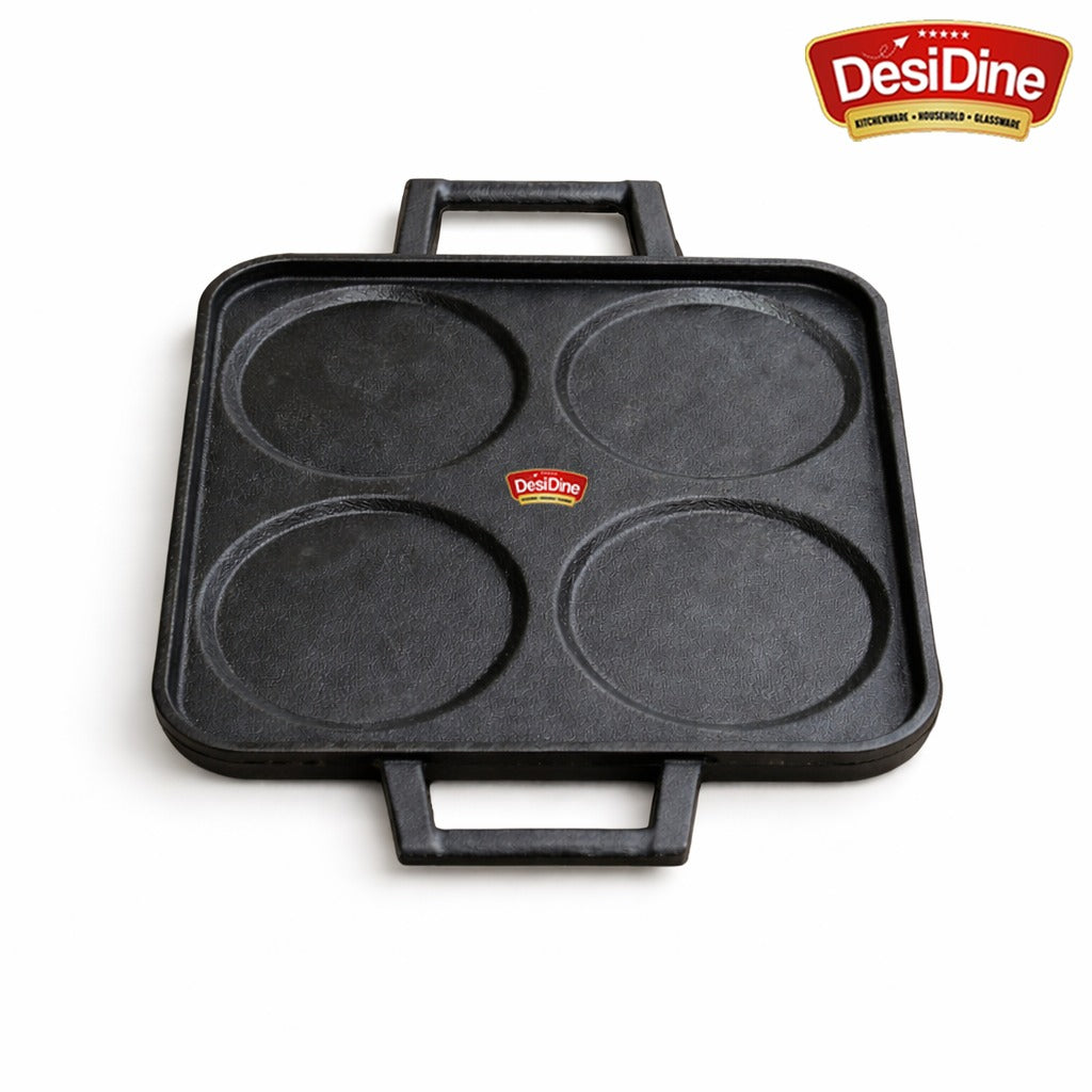 DesiDine Pre-Seasoned Cast Iron Uttapam Pan, 4 Pit, 23 cm, Induction Friendly