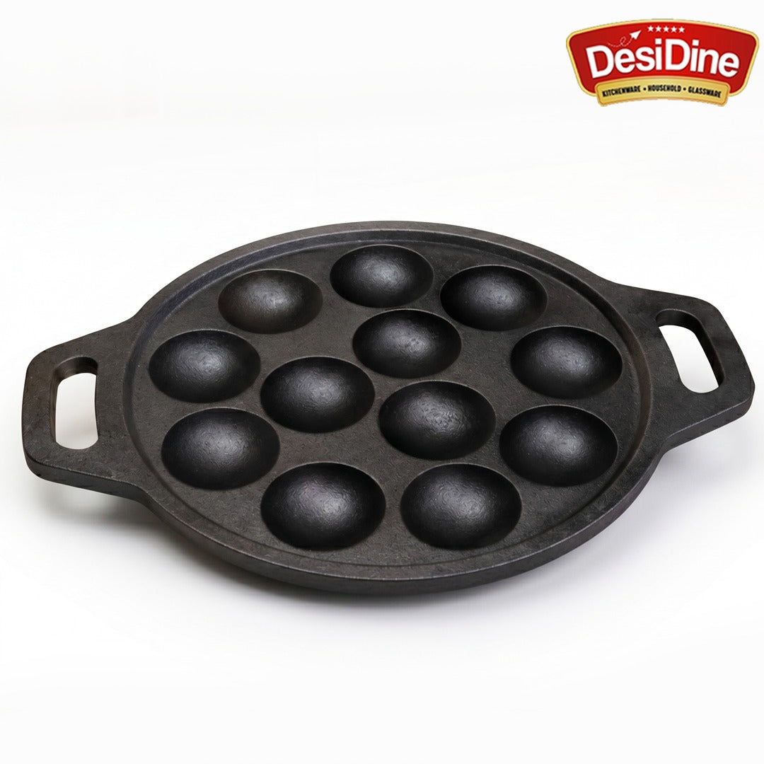 DesiDine Pre Seasoned Cast Iron Paniyaram/Appam Pan, 12 pits, 25 cm (With Silicon Handle Cover)