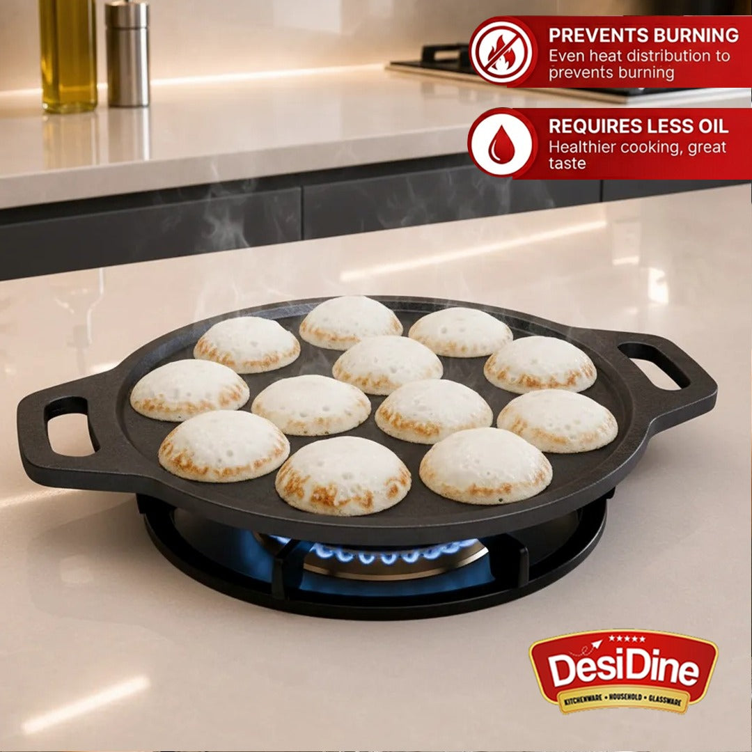 DesiDine Pre Seasoned Cast Iron Paniyaram/Appam Pan, 12 pits, 25 cm (With Silicon Handle Cover)