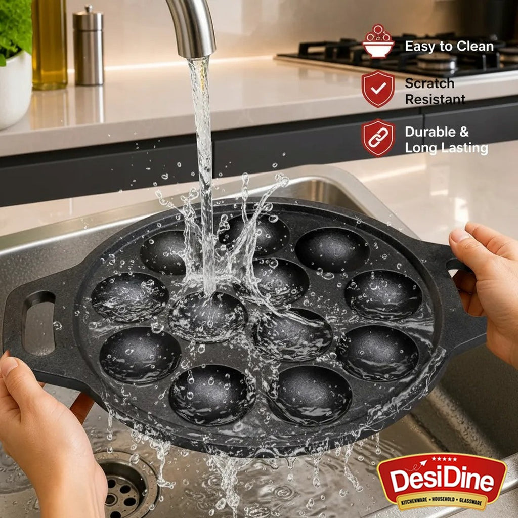 DesiDine Pre Seasoned Cast Iron Paniyaram/Appam Pan, 12 pits, 25 cm (With Silicon Handle Cover)