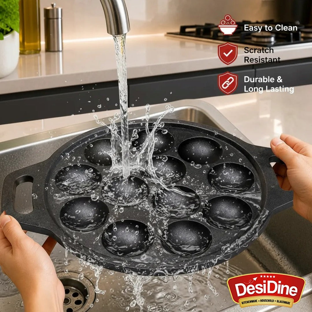 DesiDine Pre Seasoned Cast Iron Paniyaram/Appam Pan, 12 pits, 25 cm (With Silicon Handle Cover)