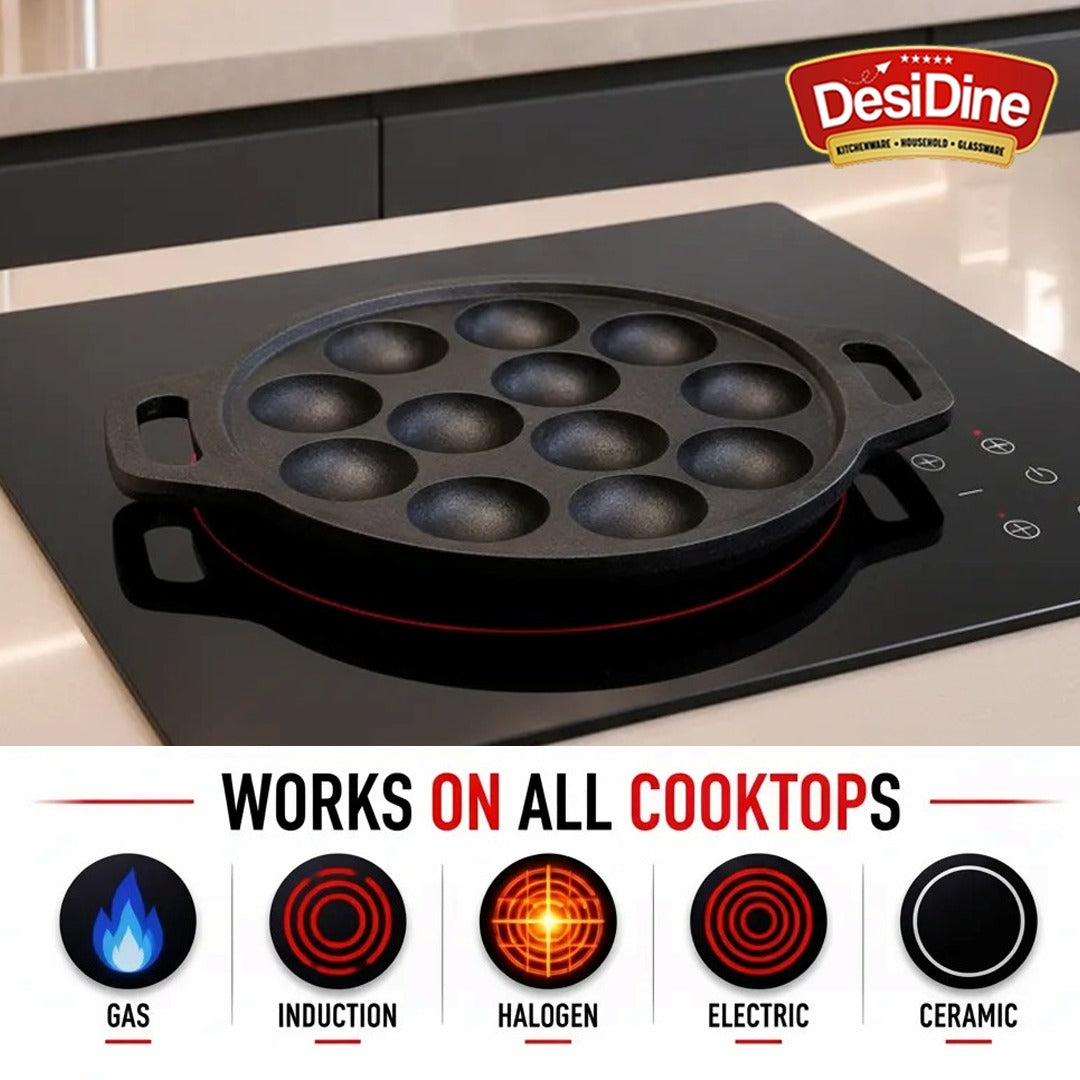 DesiDine Pre Seasoned Cast Iron Paniyaram/Appam Pan, 12 pits, 25 cm (With Silicon Handle Cover)
