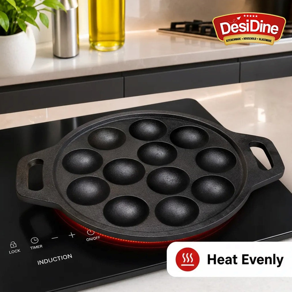 DesiDine Pre Seasoned Cast Iron Paniyaram/Appam Pan, 12 pits, 25 cm (With Silicon Handle Cover)