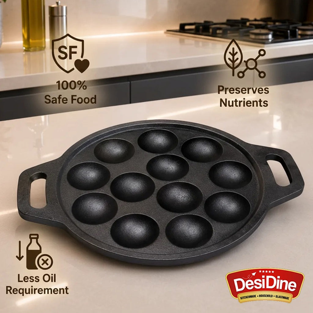DesiDine Pre Seasoned Cast Iron Paniyaram/Appam Pan, 12 pits, 25 cm (With Silicon Handle Cover)