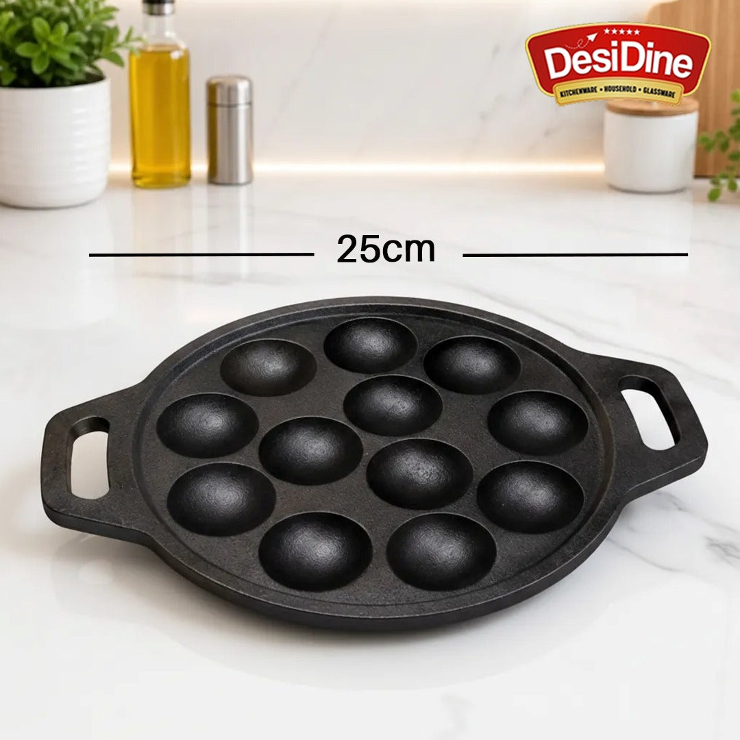 DesiDine Pre Seasoned Cast Iron Paniyaram/Appam Pan, 12 pits, 25 cm (With Silicon Handle Cover)